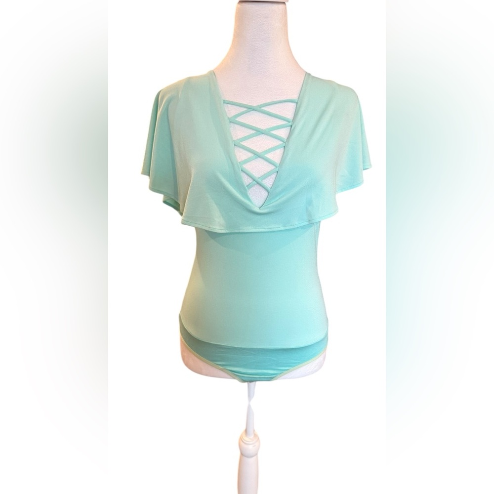Bebe Ruffle Lace up Bodysuit-Teal